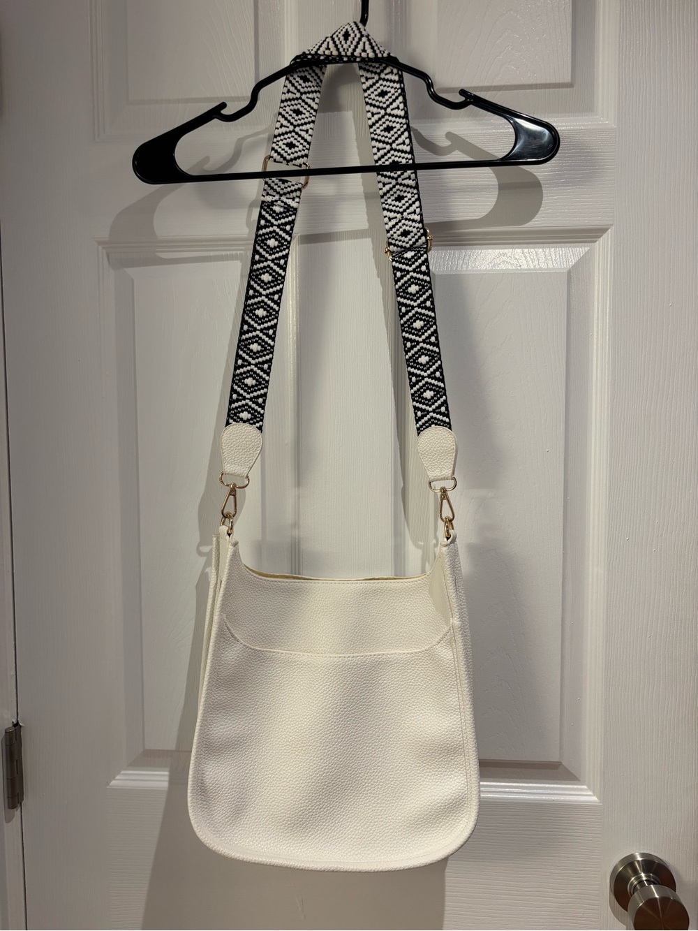 White Crossbody Shoulder Bag with Patterned Strap